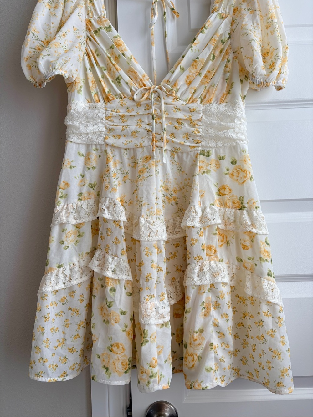 Altar'd State XL White and Yellow Floral Lace-Tier Dress mini ruffles - Picture 6 of 9